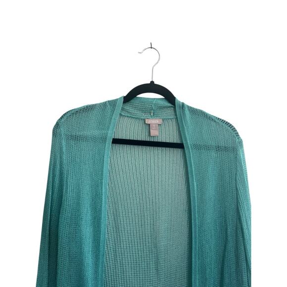 Chicos Size 1 Open Knit Sheer Cardigan Lightweight Aqua Green Open Front #5396 - Picture 3 of 10